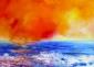 Joy Moore, Orange sky, blue sea (2013), tecnica mista su tela, cm 70x50